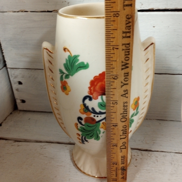 Vintage Floral Ceramic Vases Pair Hand Painted Gold Trim Mid Century Art Deco - Picture 9 of 10